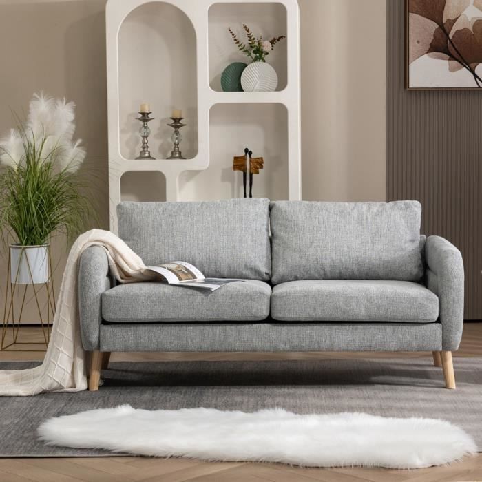 meubles cosy canapé 2 places en tissu gris style scandinave assises larges profondes accoudoirs courbés piètement effilé bois hévéa