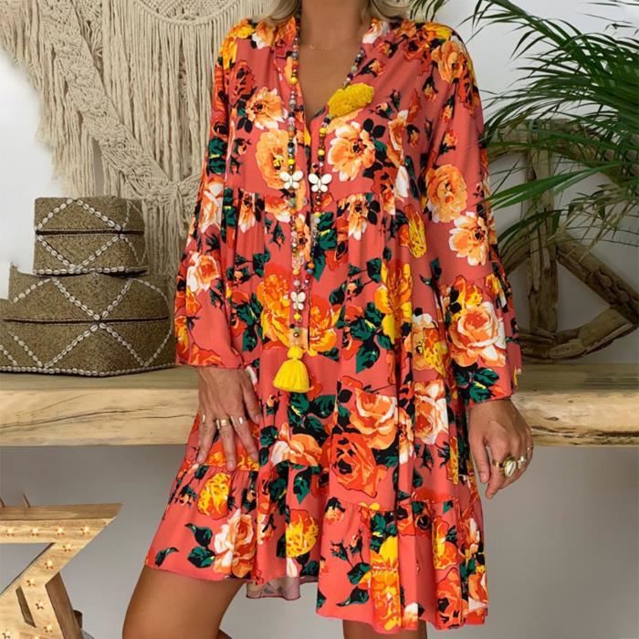 Robe Boho Col V Imprimé Floral Été 2024 - Robe Longue Fluide Légère Plage Vacances, Style Décontracté Élégant Pour Femmes