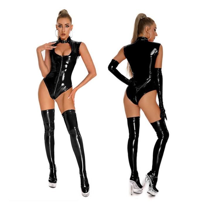 Combinaison Femme Sans Manches En Simili Cuir PVC - Justaucorps à Lacets Et Fermeture éclair, Aspect Mouillé