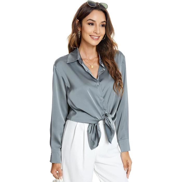 Femme Chemisier Manches Longues Bucheron Casual Vintage en Satin ELeGant Blouse gris