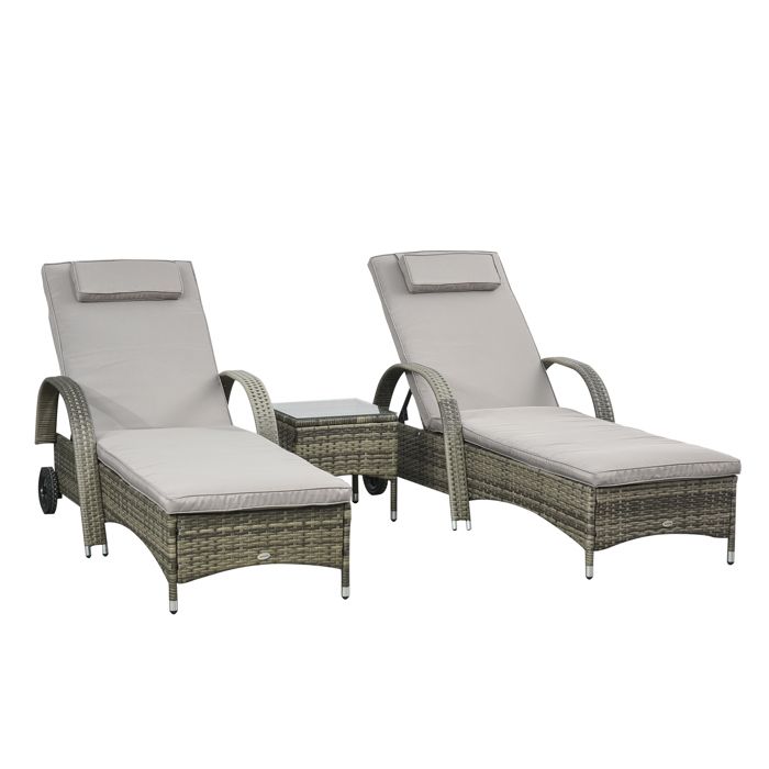 Transats bains de soleil - Outsunny - lot de 2 matelas têtière inclinable roulettes table basse - résine tressée - gris