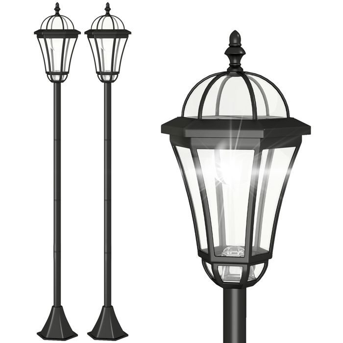 Lampadaires sur pied solaires - Outsunny - lot de 2 lampes LED blanc 6000K étanche IP44 jardin - ABS - Ø18x129cm - noir
