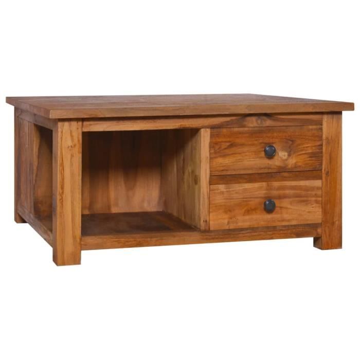 table de salon contemporain - ovonni - bois de teck massif - 2 tiroirs et 1 étagère