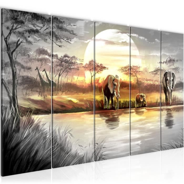Runa art Tableau Décoration Murale Éléphant d'Afrique 150x60 cm - 5 Panneaux Deco Toile Prêt à