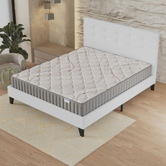Ensemble MATELAS + LIT (160x200cm)- Sirius 22cm Latex Naturel & Mousse HDensité + Sommier stable & tête de lit revêtement Blanc