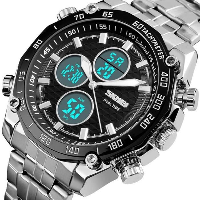 montre homme de marque 2021 sport quartz acier etanche , numérique et analogique double affichage