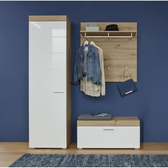 Meuble d'entrée AMANDA : Armoire 1 porte + Banc avec abattant + 3 patères - Mélaminé blanc et chêne 
