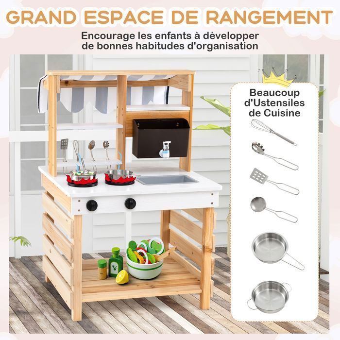 Cuisine Enfant COSTWAY En Bois Sapin - Avec Tableau Noir, Rideau, Réfrigérateur, Four, étagères - Idéal Pour 3 Ans Et Plus