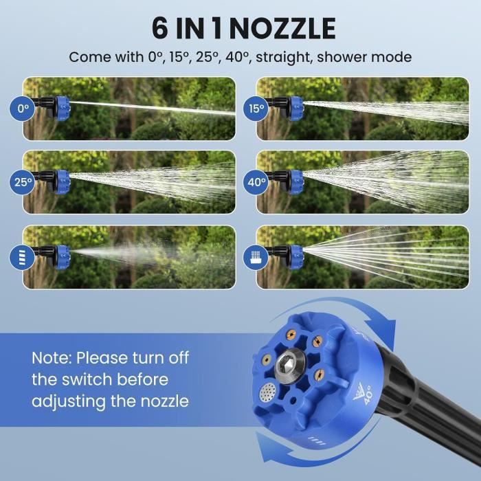 Nettoyeur Haute Pression à Batterie 120 Bar - Pulvérisateur Mousse 6-en-1 Avec 2 Piles Et Tuyau 5M