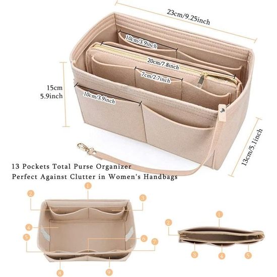 Organiseur De Sac En Feutre - 15 Compartiments Avec Fermetures Éclair - Poche Amovible Et Porte-clés - 29x15x18 Cm