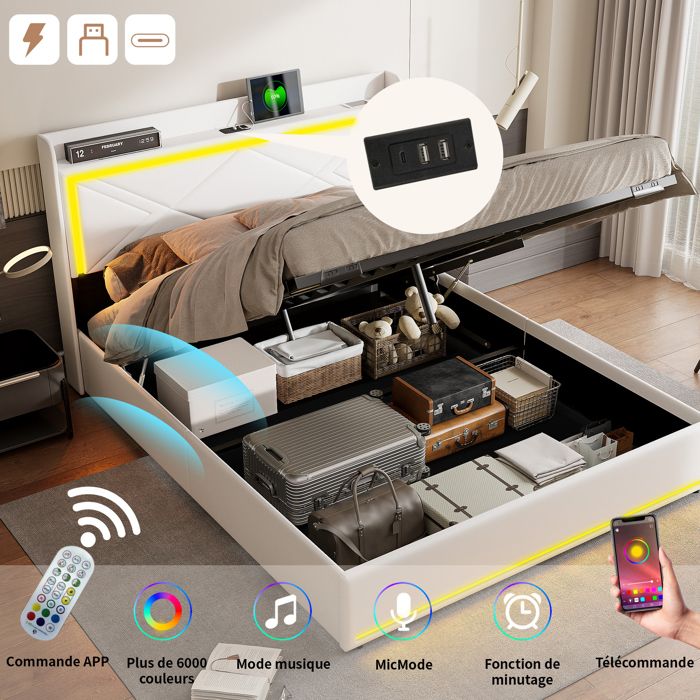 Lit Coffre Evaolph 160x200 Avec Rangement LED - Sommier Lattes - Prises USB/C - Noir Cuir PU