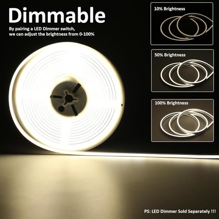 Bande LED Néon Silicone 10m IP67 - Blanc Chaud 3000K, Dimmable, Pour Décoration Intérieure DIY