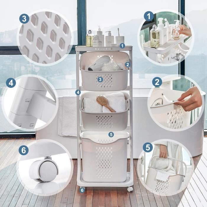 Panier à Linge Pliable Avec Roues 41,5L - Chariot Buanderie Beige/Blanc 50x37.7x31 Cm