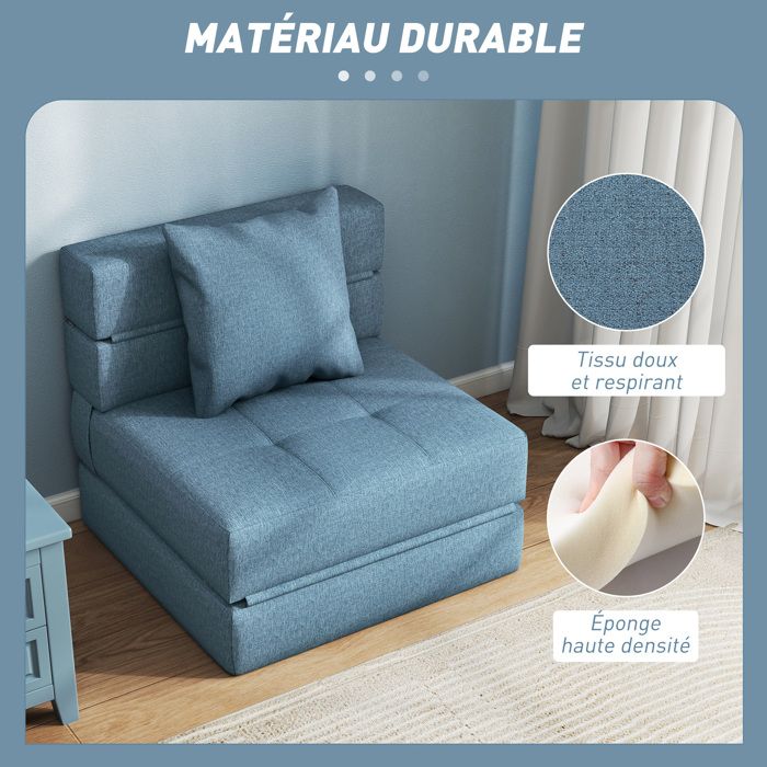 Fauteuil convertible 3 en 1 chauffeuse lit 1 place avec coussin bleu | Leroy Merlin