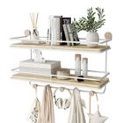 KAPANOU Étagères Flottantes à 2 Niveaux avec Rail pour Crochets, En Bois Naturel, Parfaites pour la Salle de Bain, la Chambre ou le