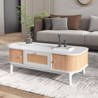 Table basse, table basse de salon, 110x55x38cm, décorée de rotin et de bois massif, style campagnard naturel, blanc