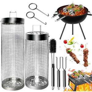 BARBECUE Grille Barbecue Ronde,Panier à Griller Roulant,Grille de Barbecue en Acier Inoxydable,Accessoires Barbecue,Grille Four.[Y766]