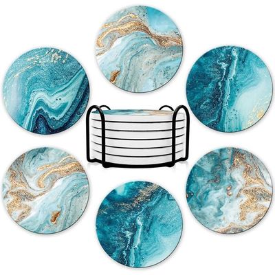 Lot De 6 Dessous De Verre Hoewina Avec Support – Céramique Marbre – Absorbants – 10,2 Cm