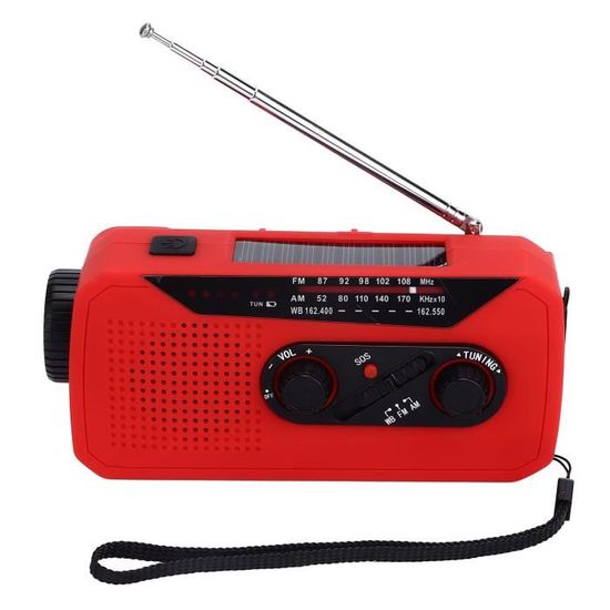Radio Dynamo & Solaire De Survie - 2000mAh, IPX5, Lampe, SOS - Pour Camping Randonnée Urgence (Rouge)