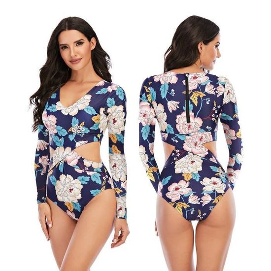 Tollder Maillot De Bain Une Pièce Fille - Manches Longues, Motif Floral, Fermeture éclair, Avec Chapeau Inclus