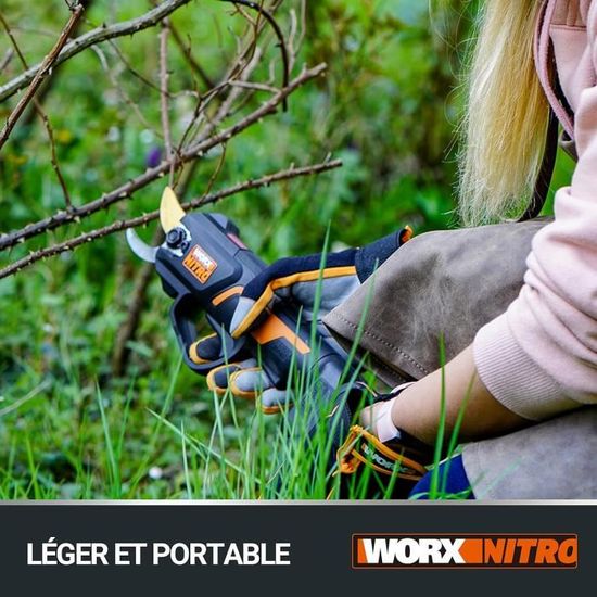 Sécateur Sans Fil WORX NITRO 20V - Coupe 25 Mm, Moteur Brushless, 2800 Coupes/charge, Lame SK5