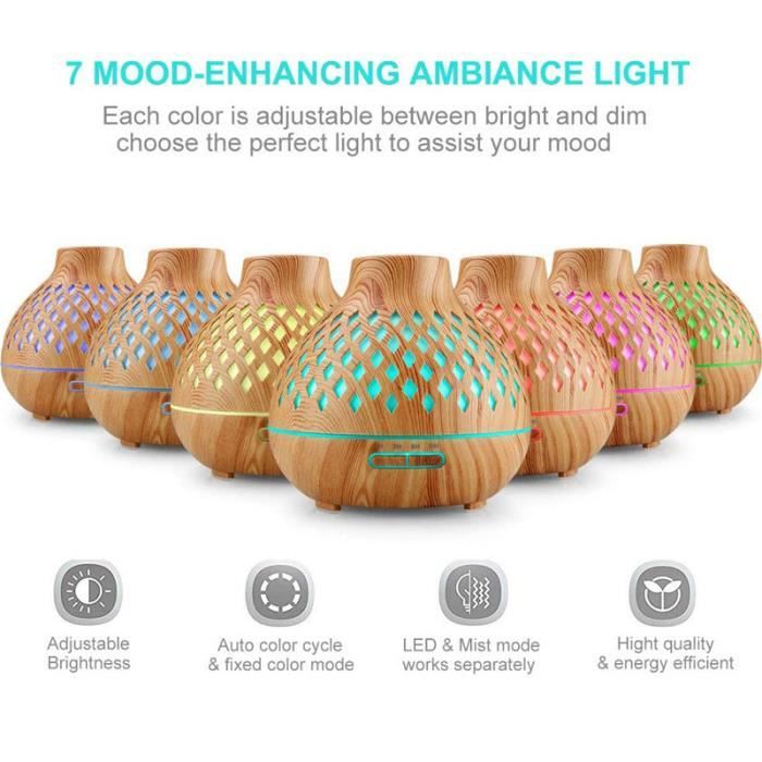 Diffuseur d'Huiles Essentielles, 400ml Humidificateur Ultrasonique avec 7 Couleurs Lumières LED pour la Maison, Yoga, Bureau, SPA