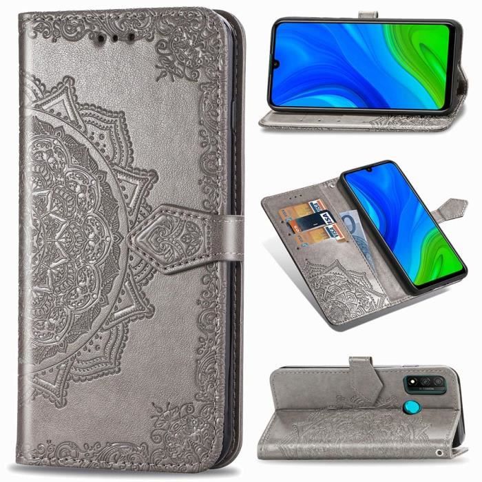 Coque Huawei P Smart (2020), Mandala Fleur Motif Silicone Cuir Dragonne Pratique Légère Support Anti-Rayure, Gris