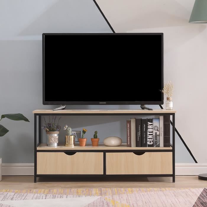 Meuble TV DETROIT en métal et bois - Décor bois et noir - design industriel