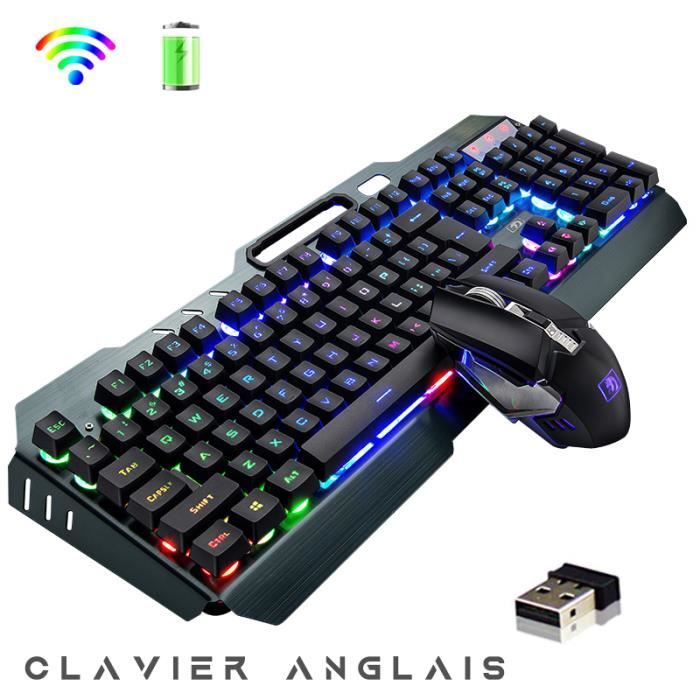 Gaming Pack Sans Fil Clavier Gamer+Souris+Tapis, Disposition QWERTY/Anglais , Semi-Mécanique, Rétro-éclairage Arc-en-ciel