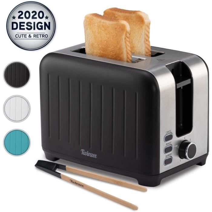 Twinzee - Grille Pain 3 en 1 - Noir Mat en Inox - 2 Large Fente - Toaster Rétro - Pince en Bambou Gratuite - 7 Niveaux de Brunissage