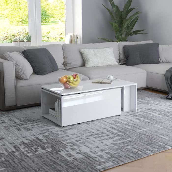 Style Élégance Chic - Table basse style Scandinave - Bout de canapé Table à thé Blanc brillant 150x50x35 cm Aggloméré - 24622