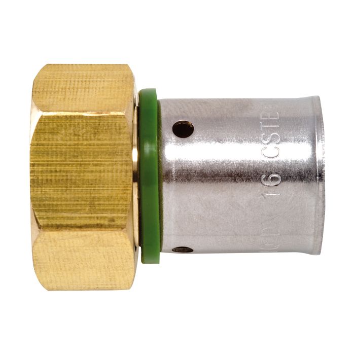 Raccord PER droit à sertir avec écrou à portée plate - F 3/8' - Ø 12 mm - PB tub