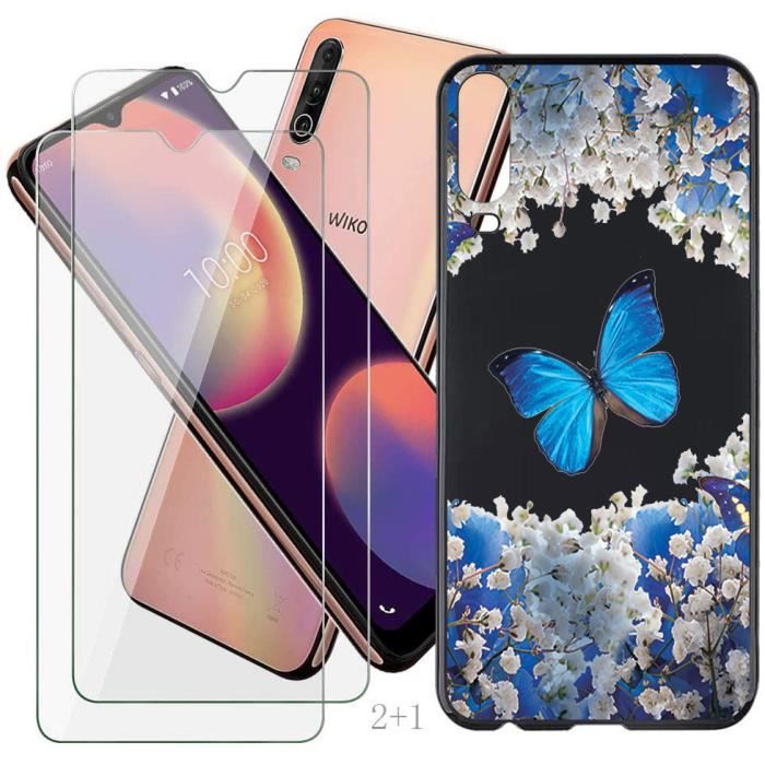 2 Pack Verre trempé + Pour Wiko View 4 Lite 6.52- Housse Coque Mode Mince Doux Silicone TPU (papillon bleu)