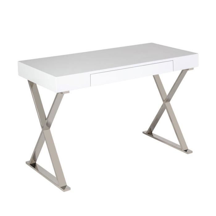 Bureau 1 tiroir Blanc laqué/Chrome - PASCO - L 120 x l 55 x H 75