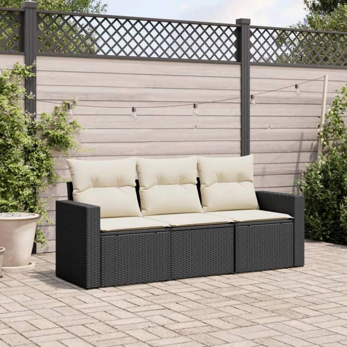 vidaXL Salon de jardin 3 pcs avec coussins noir résine tressée 3218646