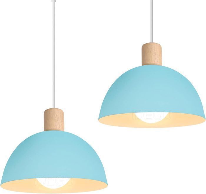 IDEGU Lot de 2 Lustre Suspension Rétro Suspension Luminaire Moderne Style Demi-Cercle Plafonnier E27 en Bois Métal Bleu Ø 20CM