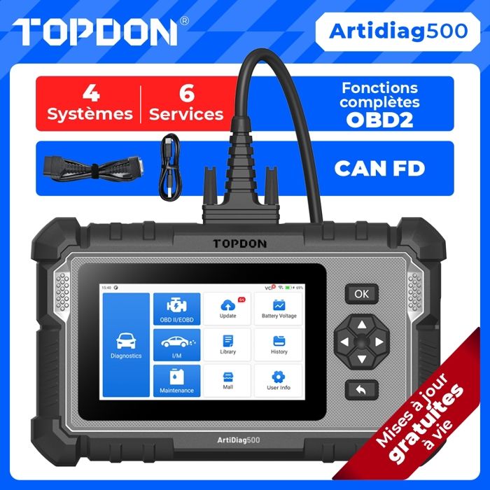 Outil de Diagnostic TOPDON ArtiDiag500-FR Scanner pour Moteur Transmission ABS SRS Lecteur de Code en français