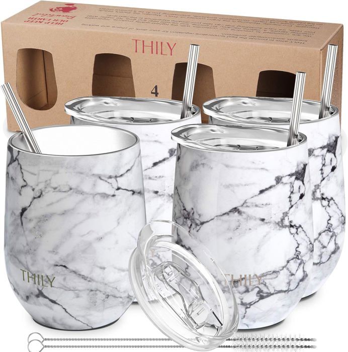 Set De 4 Verres à Vin Sans Pied En Inox Rose Gold - 350ml - Avec Pailles Métal Et Brosse