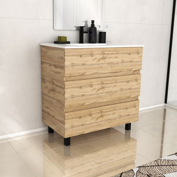 Meuble de salle de bains 80cm 3 Tiroirs_Chêne Naturel + Vasque céramique blanche - TIMBER 80