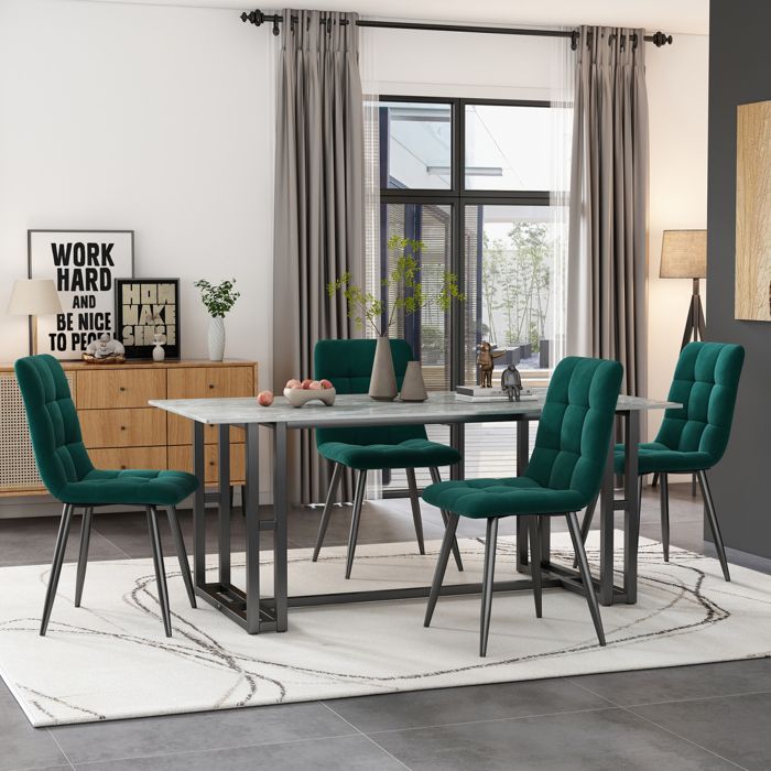 Lot de 4 Chaises Salle à Manger Scandinave Fauteuil Dossier décoré de boutons Pieds métal Tissu Velours Pour Salon Chambre Vert
