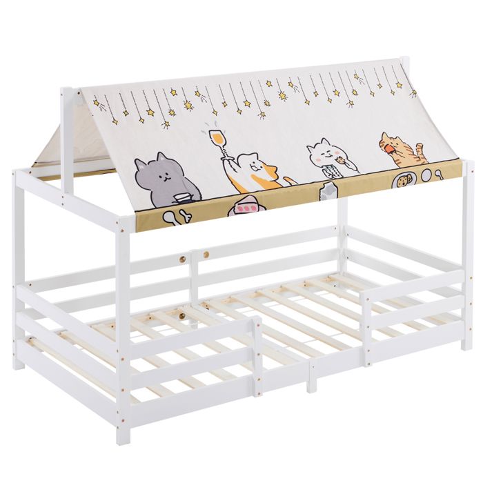 Lit cabane Enfant 90 x 190 cm - ALIGHTUP - avec baldaquin en Tissu sommier et barrières Pin Blanc(Sans Matelas)