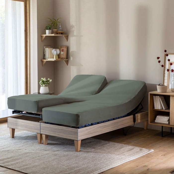 Drap housse vert lichen pour lit articulé jersey extensible 2x80x200 - Kaki - Terre de Nuit