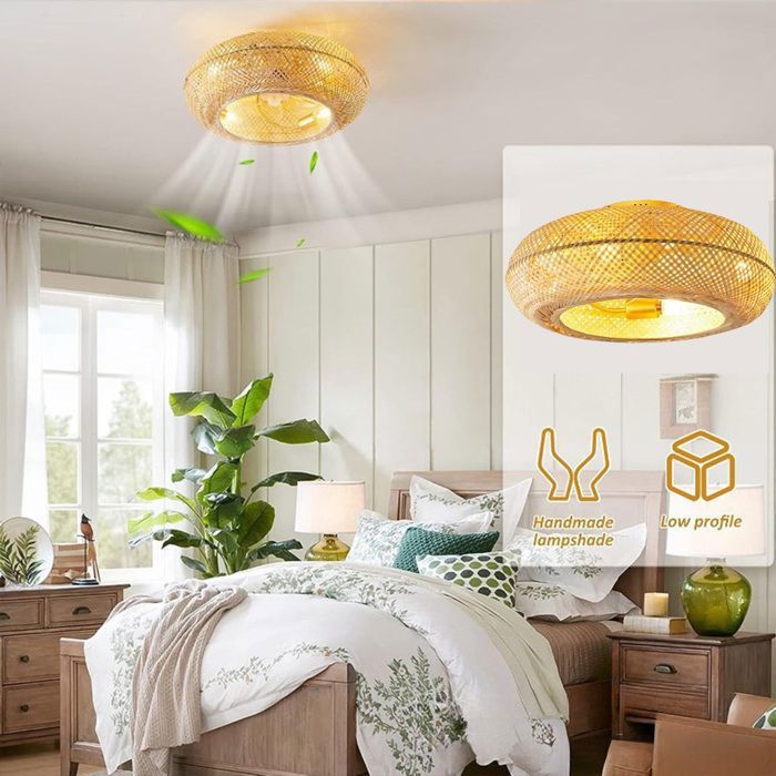 Ventilateur de plafond en rotin avec éclairage télécommande 6 vitesses de ventilation minuteur silencieux ampoule E27 220V - Uverbon