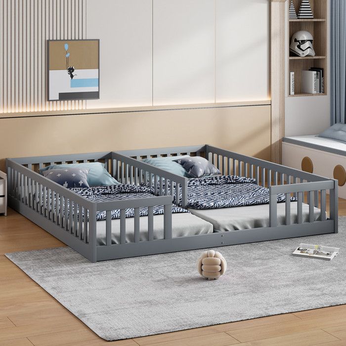Lit Enfant 90x200 cm Lit 2 personnes avec Barrières Sans Sommier a Lattes (Sans Matelas) Pour Familles avec 2 Enfants Pin Gris