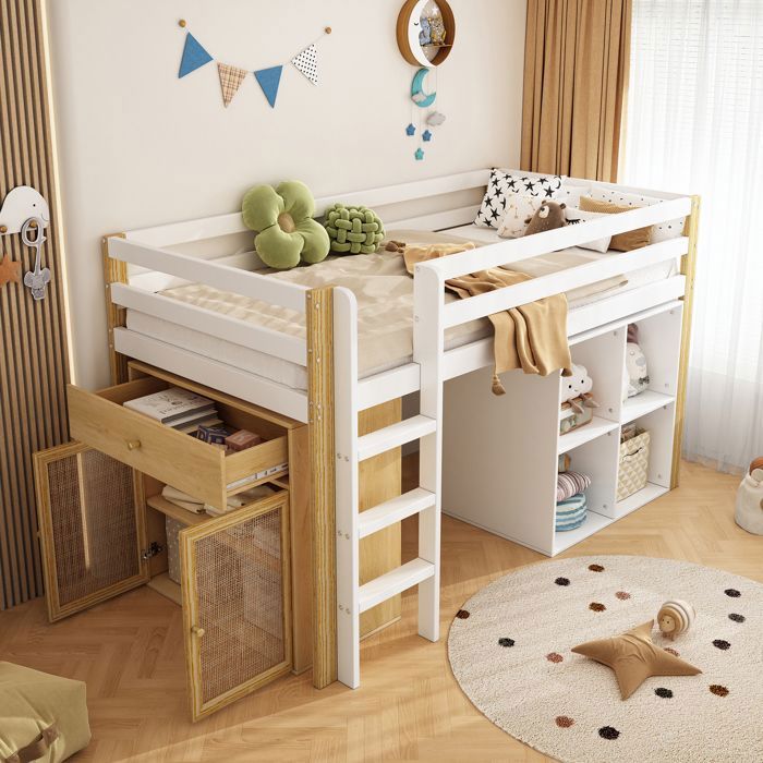 Lit mezzanine enfant  90 x 200 cm avec 2 Armoires de Rangement et Échelle lit superposé multifonctionnel pour enfant naturel