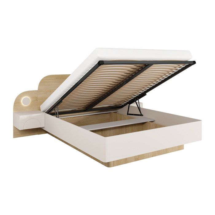 Lit coffre 160 x 200 cm - Avec chevets et LEDs - Coloris : Beige et Naturel - DARTAGNO