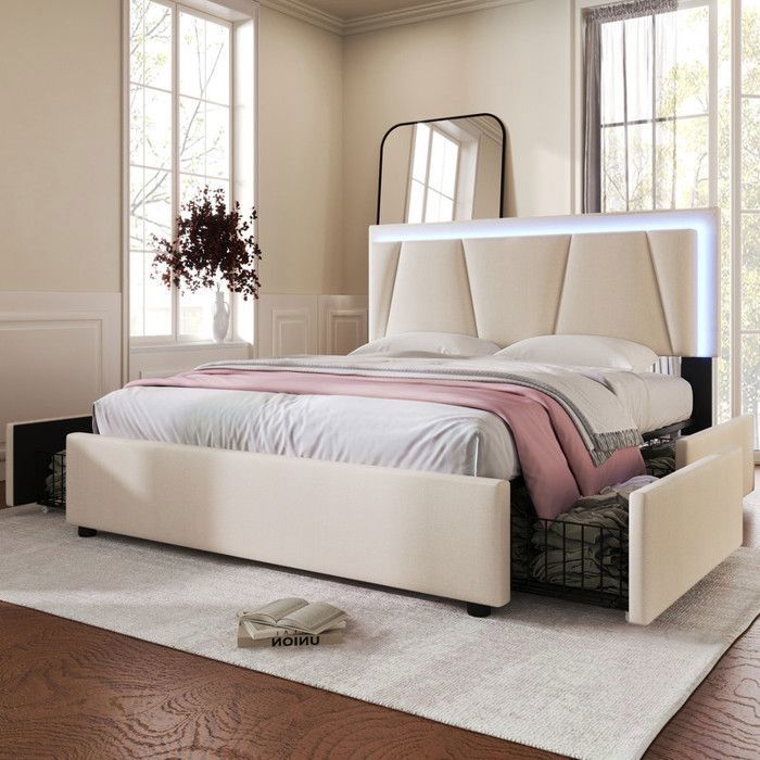 O.Ye . Lit capitonné avec éclairage LED - 160x200 cm avec sommier de rangement - 4 tiroirs inclus - Pour 2 personnes mu LIT COMBINE
