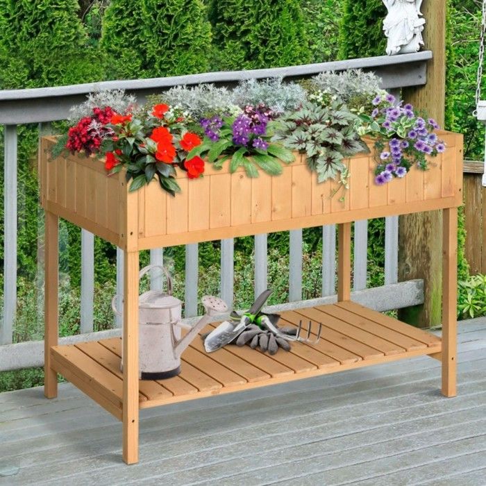 Table de plantation surélevée 8 compartiments avec étagère de drainage en sapin bois massif naturel 110 x 46 x 76 cm