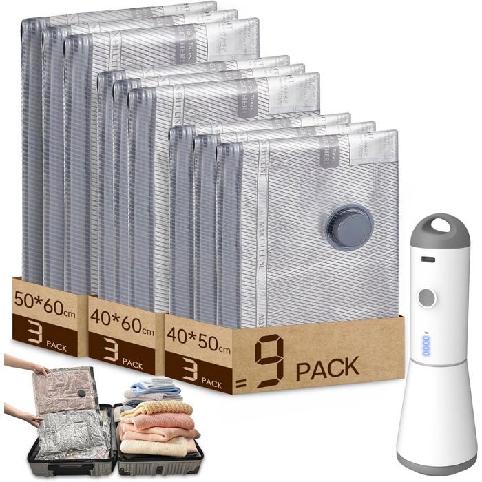 Sac Sous Vide Vetement Aspirateur avec Pompe à Vide Sans fil Électrique,  9 (3*40x50cm, 3*40x60cm, 3*50x60cm),  Réutilisables