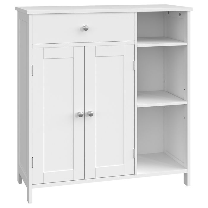Armoire de Rangement Salle de Bain avec Tiroir et 2 Portes Meuble de Salle de Bain 3 Compartiments Étagères Réglables Blanc